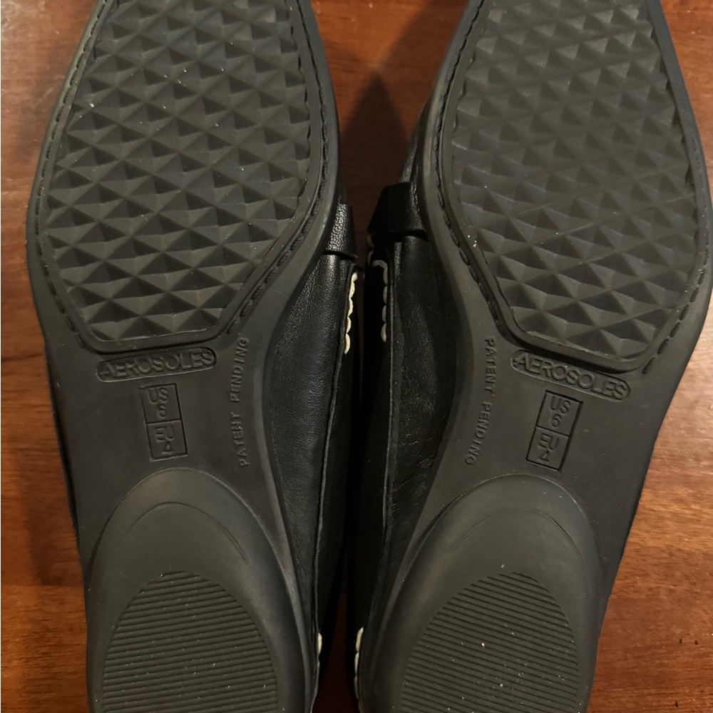 Areosoles Black Leather Mules Square Toe Bow White Stitching Comfort Shoe Sz 6 - Picture 6 of 9